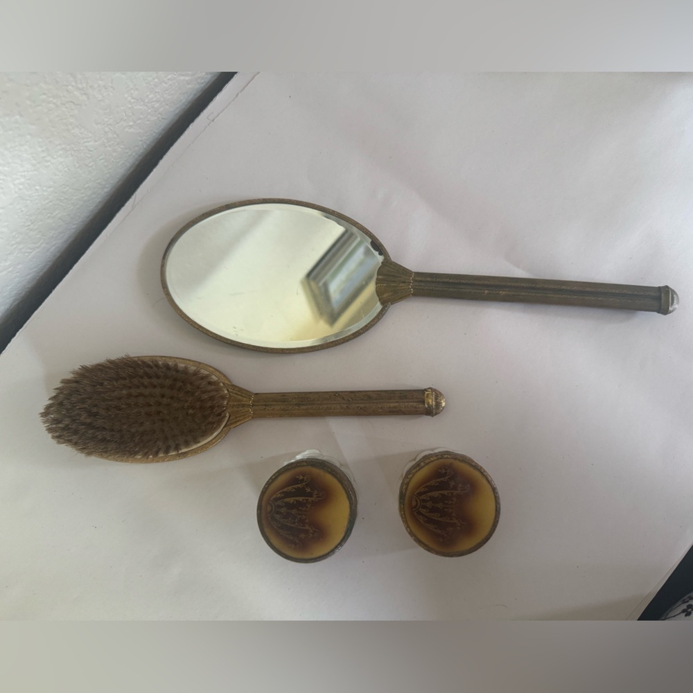 Vintage Art Deco Hand Held Mirror, Brush, and Jars